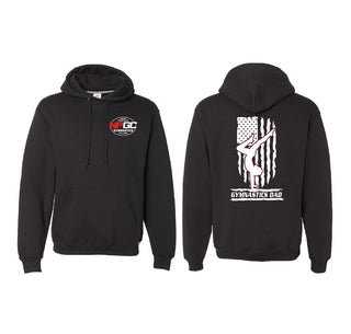 New Prague Gymnastics Russell Hooded Sweatshirt - Logo Front/Dad Back