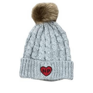 Fuzzy Pom Knit Hat with NP Heart